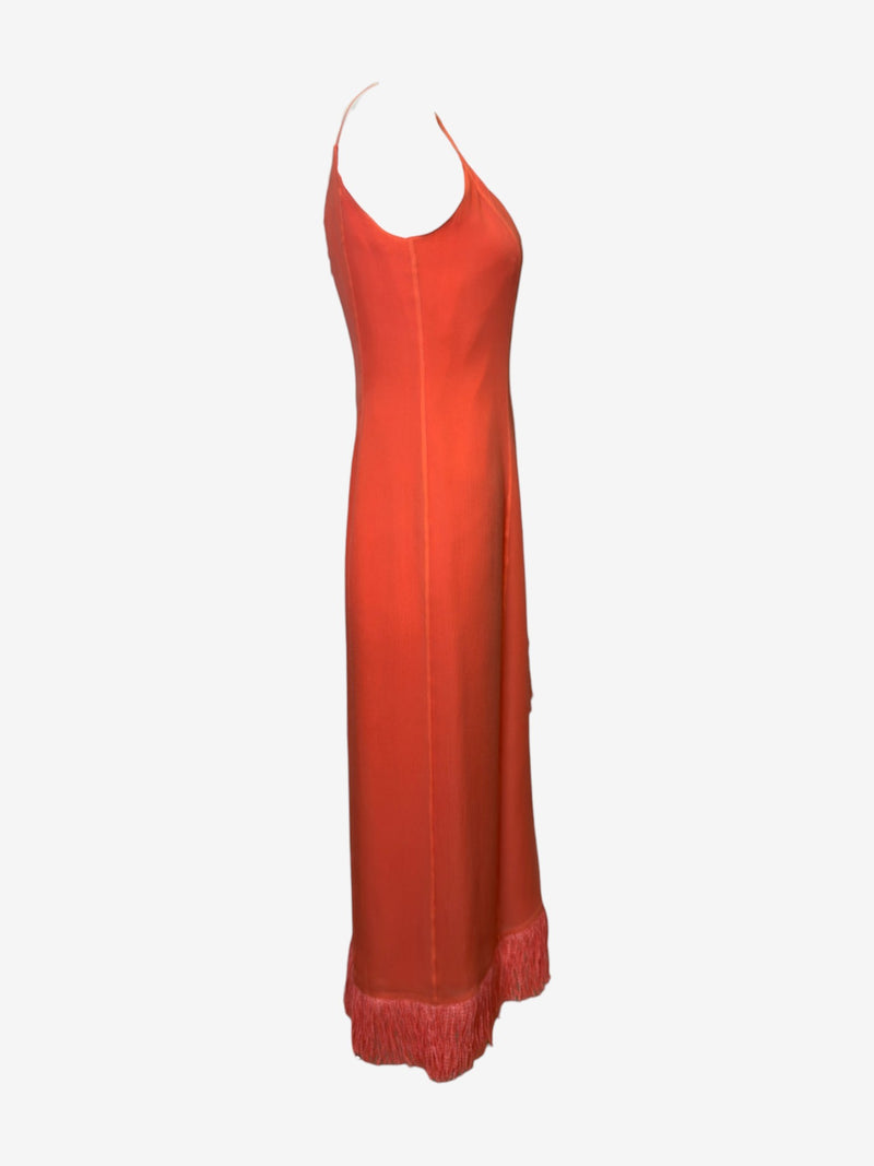 Coral silk slip dress by Thierry Mugler, bias-cut silhouette detail