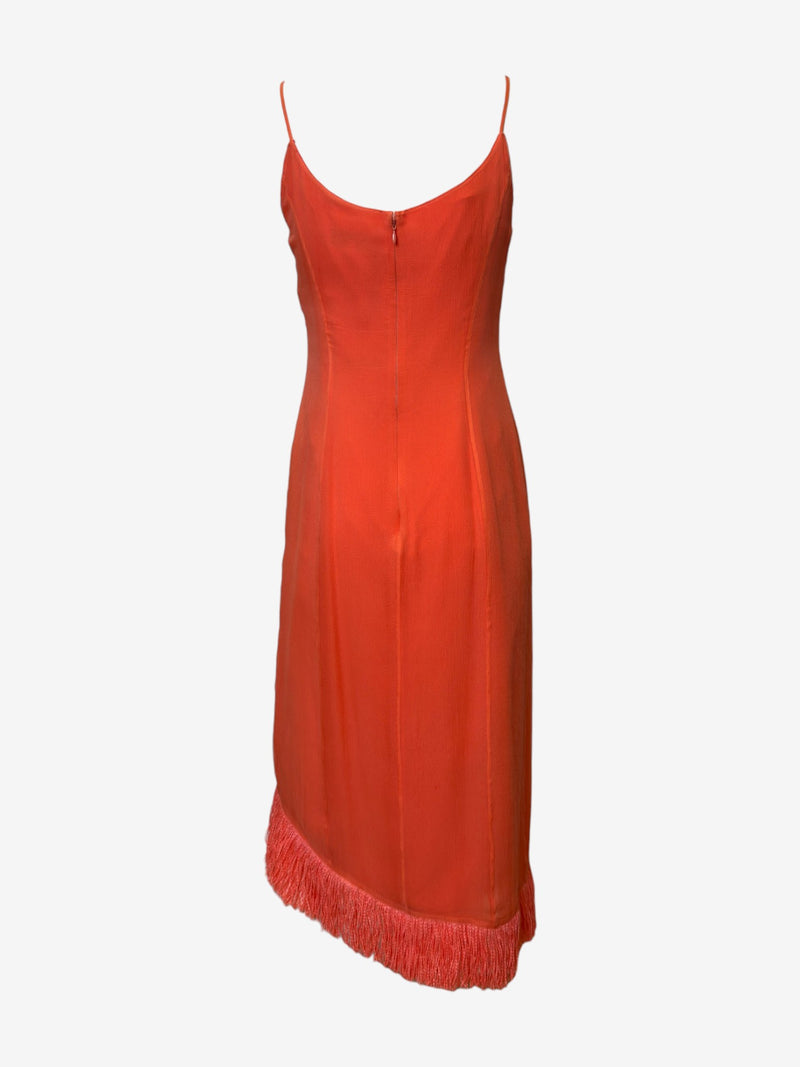 Coral silk slip dress by Thierry Mugler, full-length view of spaghetti strap bodice
