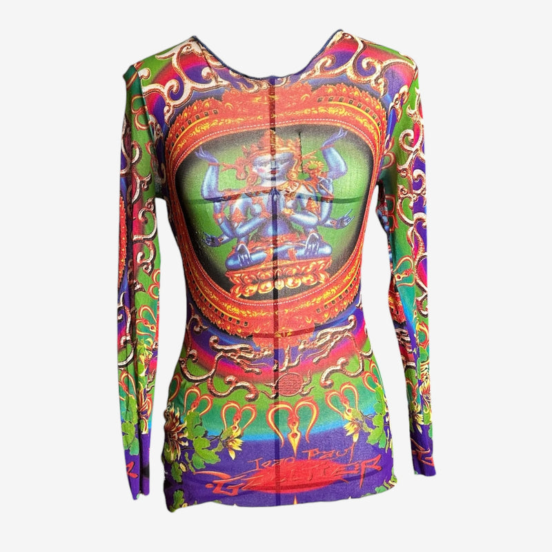 Electric blue and purple stretch mesh long-sleeve top by Jean Paul Gaultier, Shiva deity print with baroque scrollwork