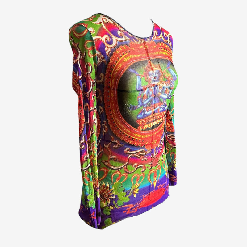 Form-fitting stretch mesh top by Jean Paul Gaultier, multicolored Shiva print with central medallion motif