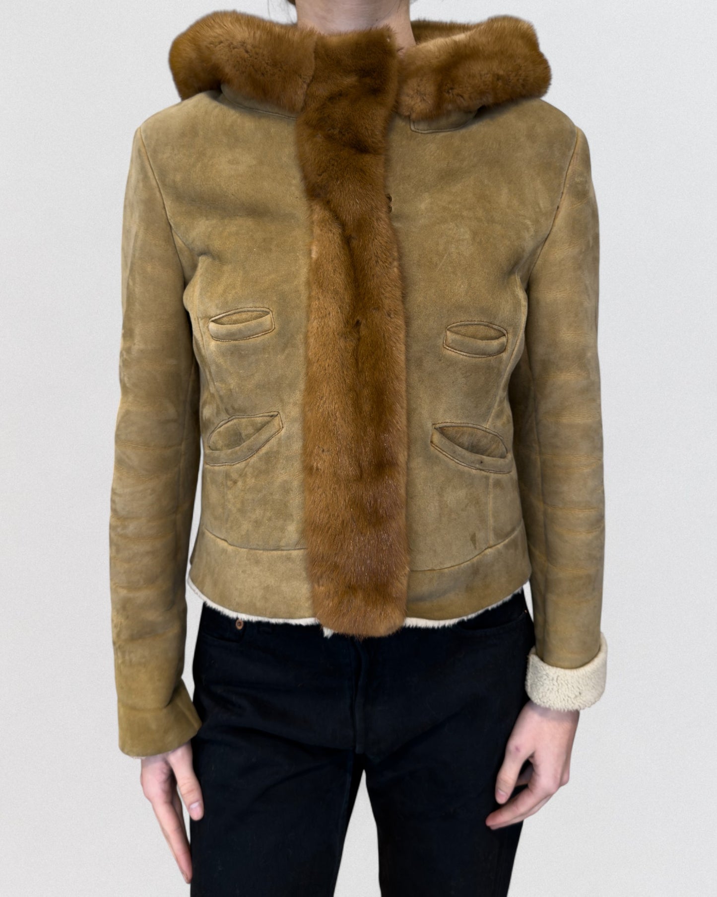 Prada Fall 2004 Leather Shearling Fox Fur Trim Jacket