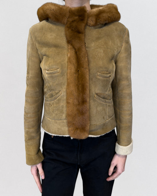 Prada Fall 2004 Leather Shearling Fox Fur Trim Jacket