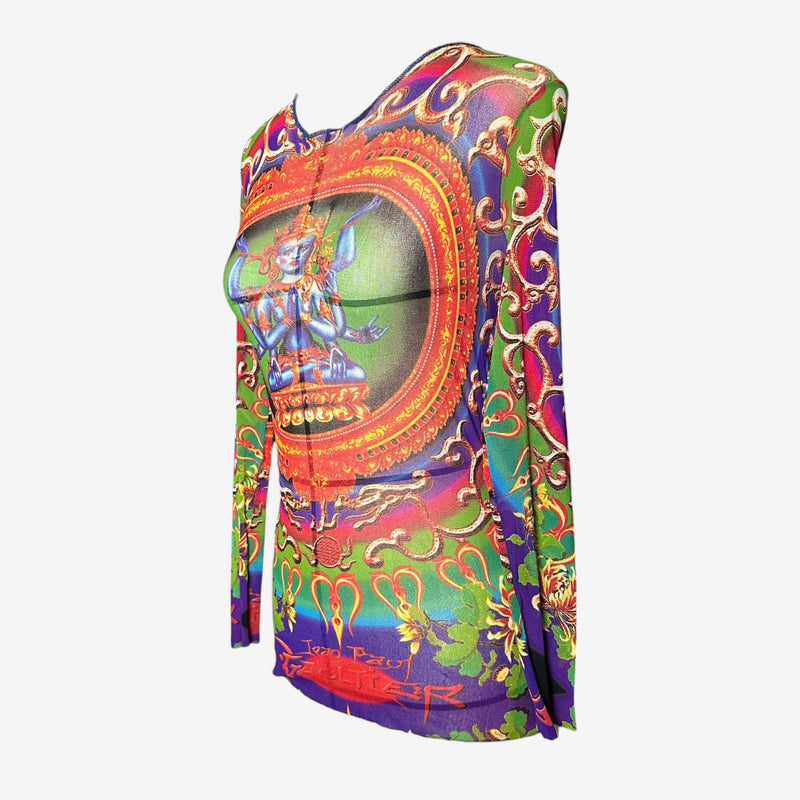 Psychedelic print stretch mesh long-sleeve top by Jean Paul Gaultier, vibrant multi-armed deity iconography