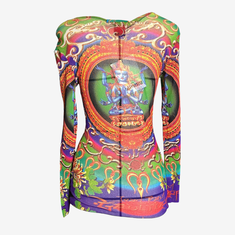 Translucent stretch mesh sleeve detail by Jean Paul Gaultier, electric green and orange Shiva print pattern