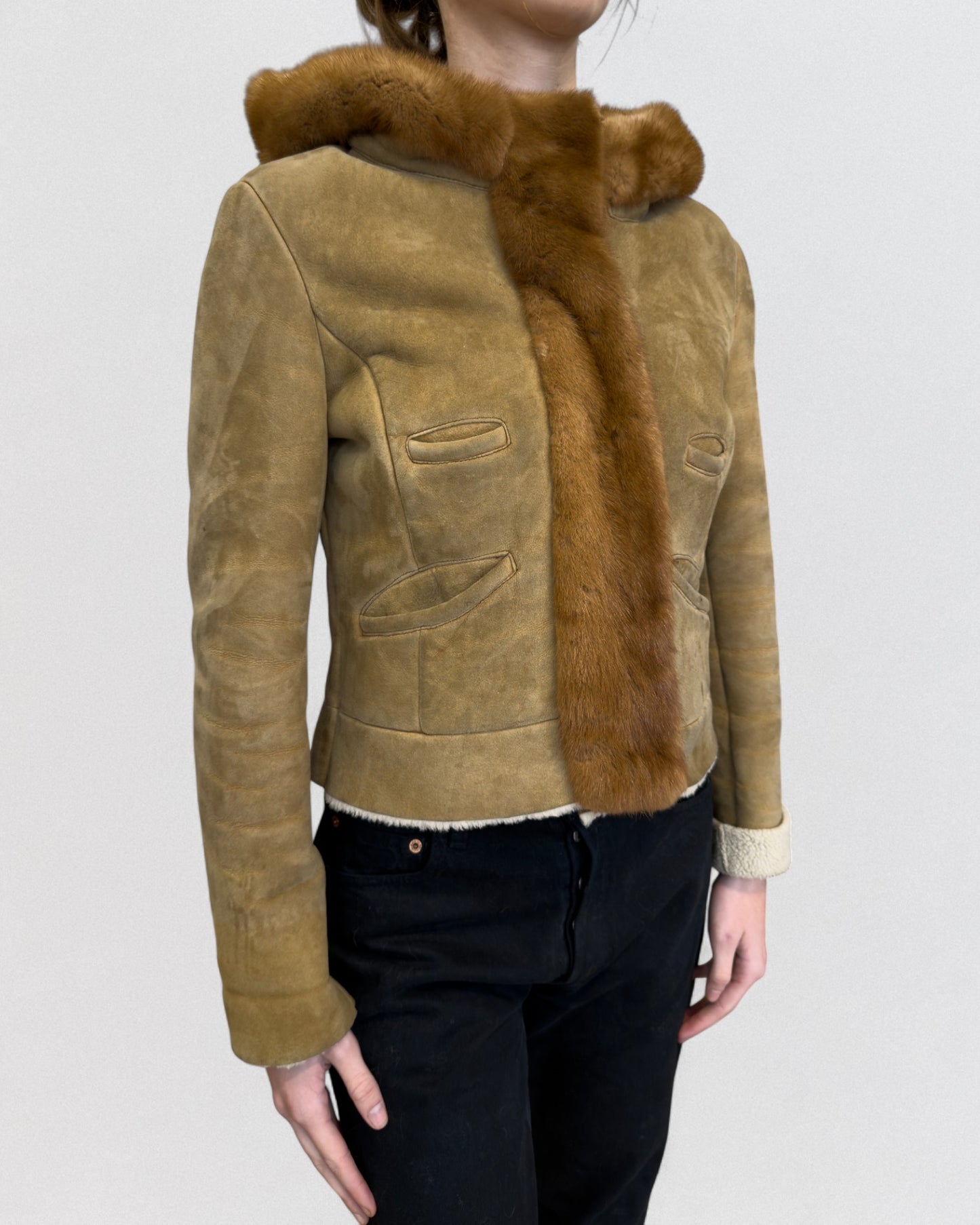 Prada Fall 2004 Leather Shearling Fox Fur Trim Jacket