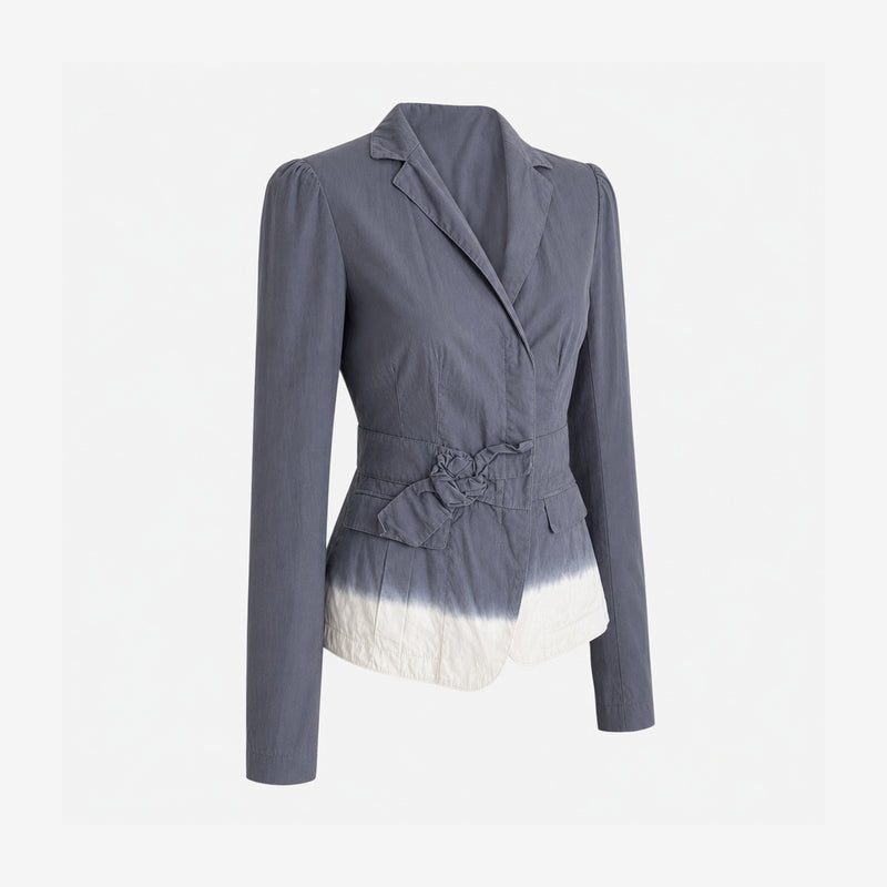 Prada gradient blazer, side profile showing corset lace-up waist detail with grosgrain ties