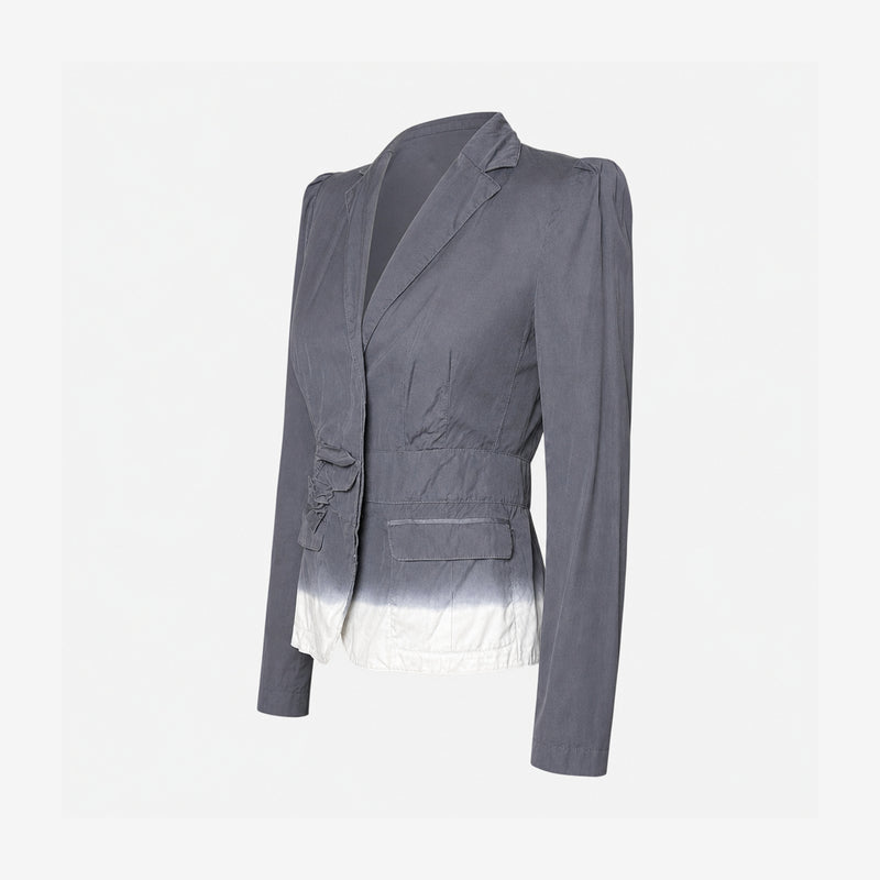 Prada blazer back view, gradient hem transitioning from charcoal grey to cream
