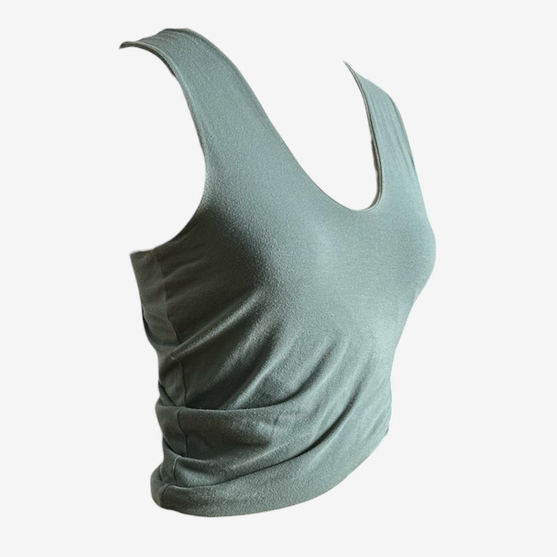 Sage green wrap tank top by Romeo Gigli, side profile showing wrap construction