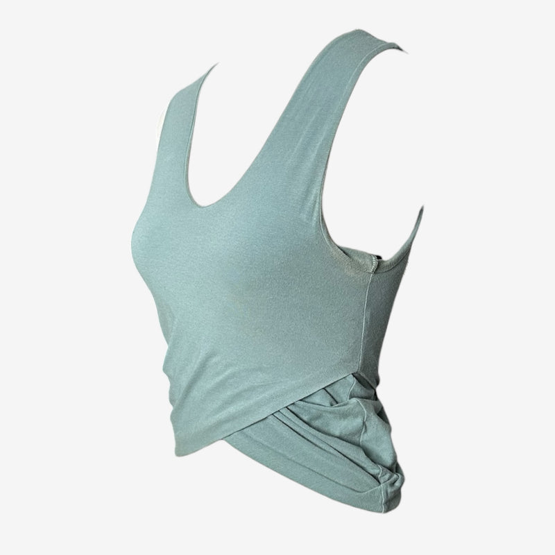 Sage green wrap tank top by Romeo Gigli, back view with crossover draping