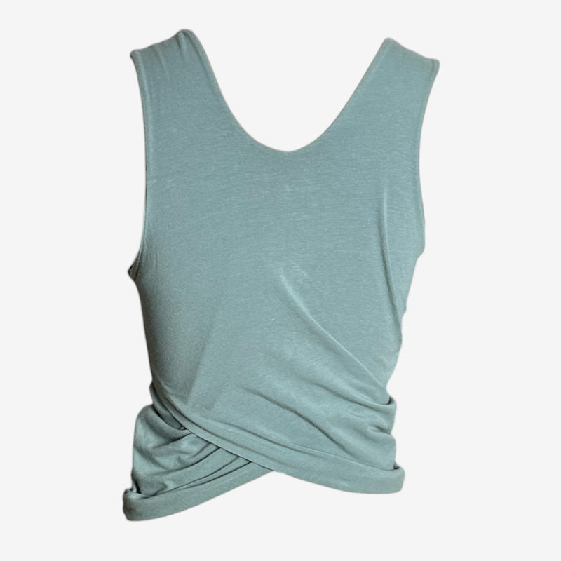 Sage green wrap tank top by Romeo Gigli, close-up of hem draping and construction