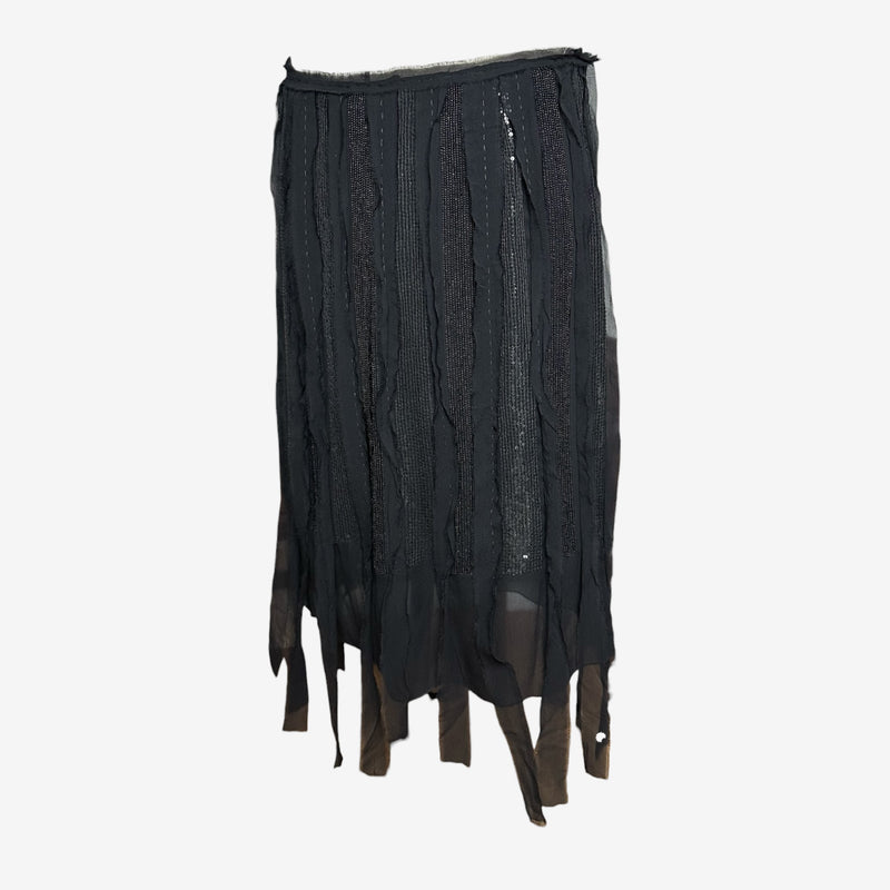 Black beaded chiffon skirt by Alberta Ferretti, side view showing raw-edged hem