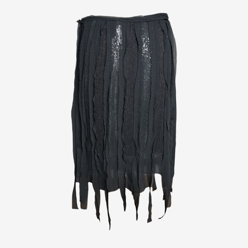 Black beaded chiffon skirt by Alberta Ferretti, full length silhouette view