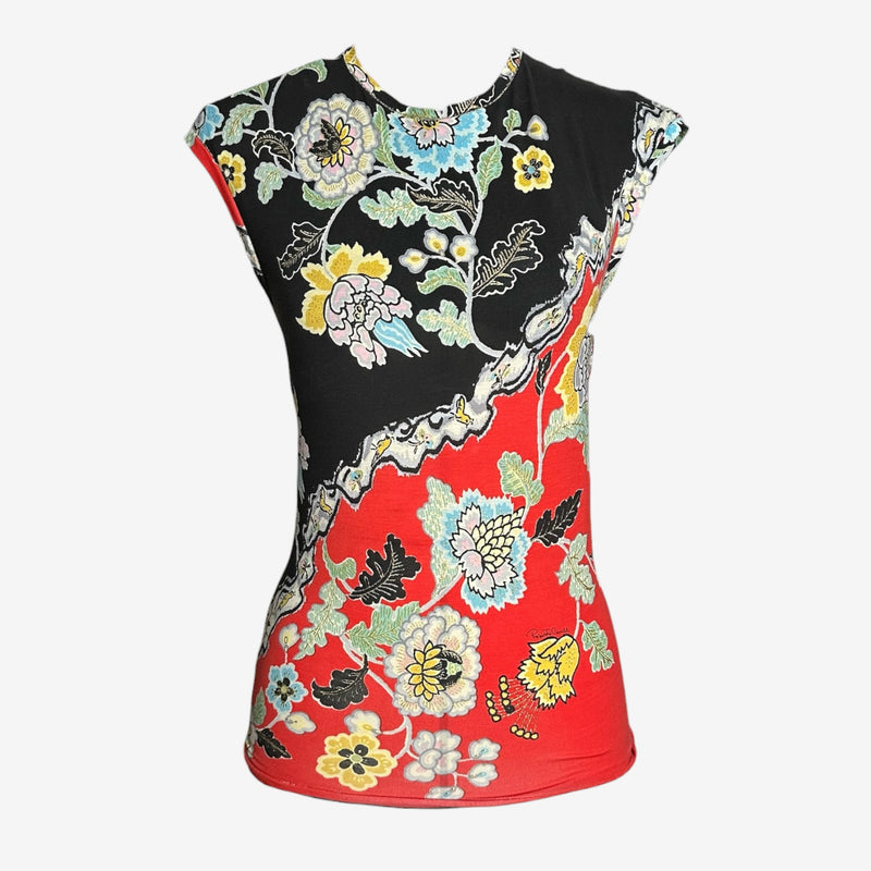 Black and red silk jersey top by Roberto Cavalli with chinoiserie floral print and asymmetrical color blocking, front view