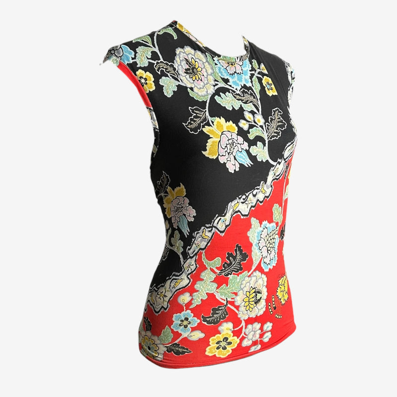 Black and red chinoiserie print silk jersey top by Roberto Cavalli with diagonal color split, side view