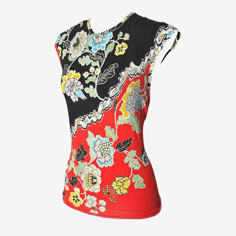 Roberto Cavalli silk jersey top featuring botanical motifs with peonies and chrysanthemums, back view with ruched detailing