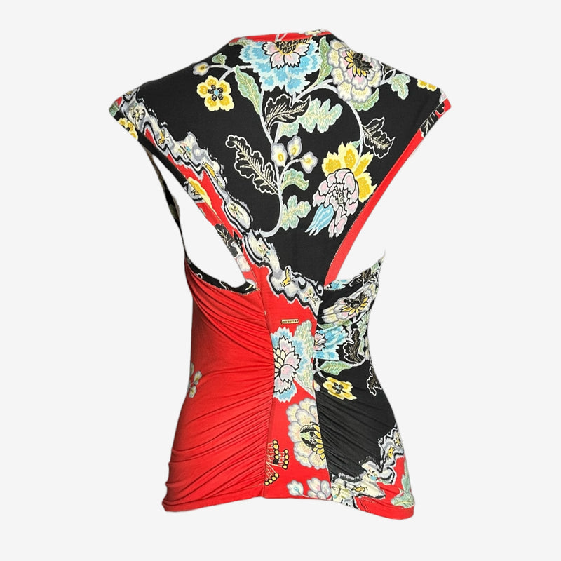 Roberto Cavalli S/S 2003 silk jersey top with tie waist closure and fitted silhouette, detail view