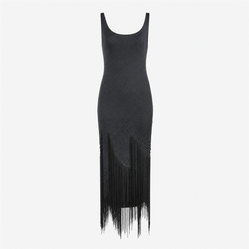Black stretch jersey tank dress by Roberto Cavalli, fitted silhouette with fringe trim at hemline