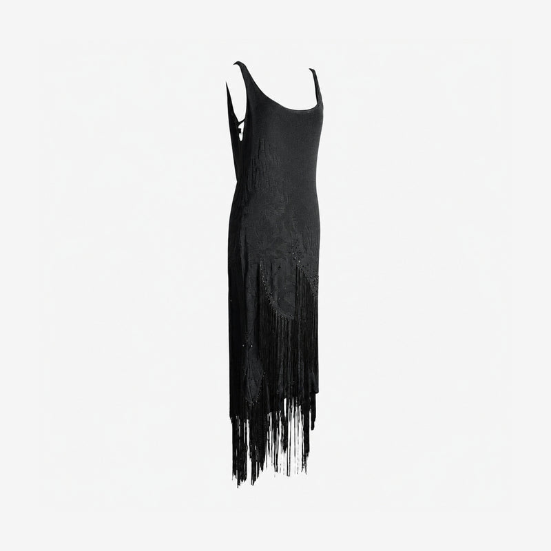Black tank dress by Roberto Cavalli with textured pattern and fringe trim detail