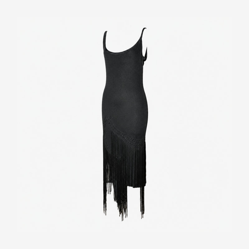 Black Roberto Cavalli dress with perforated detailing and variable-length fringe at hem