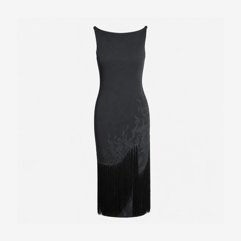 Roberto Cavalli black fringe dress showing scoop neckline and spaghetti straps