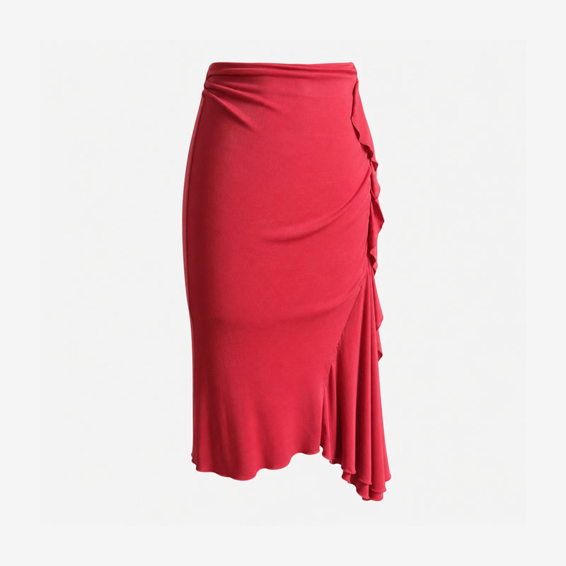 Red wrap skirt by Yves Saint Laurent Tom Ford, side tie closure detail