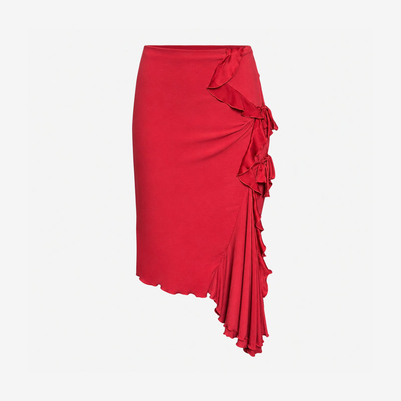 Red jersey wrap skirt by YSL Tom Ford, fitted hip with dramatic ruffled movement
