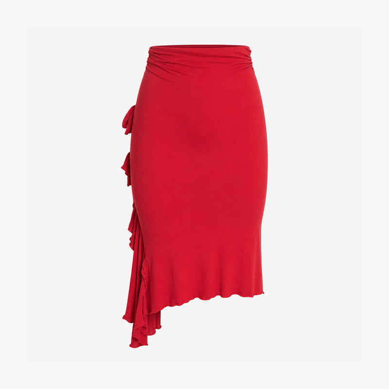 Red ruffled wrap skirt by Yves Saint Laurent Tom Ford, back view with layered construction