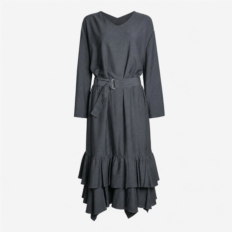 Charcoal grey linen wrap coat by Yohji Yamamoto, front view with tiered ruffle hem