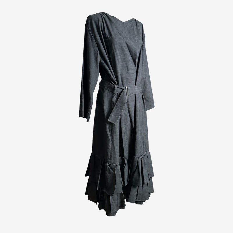 Charcoal grey linen wrap coat by Yohji Yamamoto, side profile showing gathered shoulders