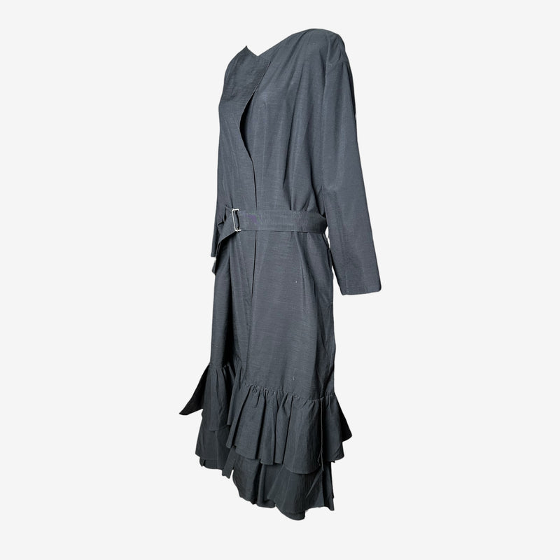 Charcoal grey linen wrap coat by Yohji Yamamoto, back view with tiered ruffle detail