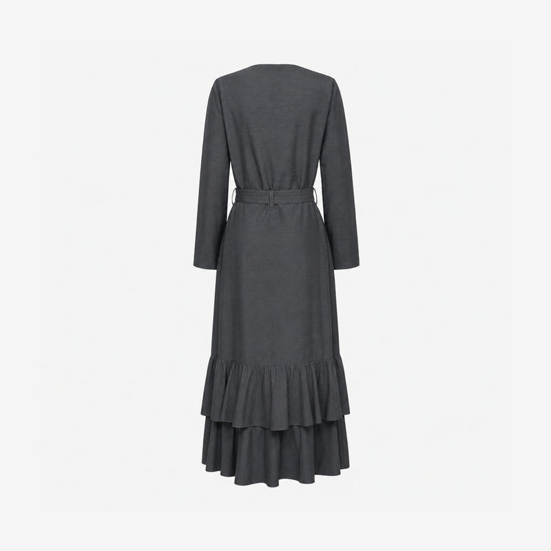 Charcoal grey linen wrap coat by Yohji Yamamoto, detail of fabric belt and metal buckle closure