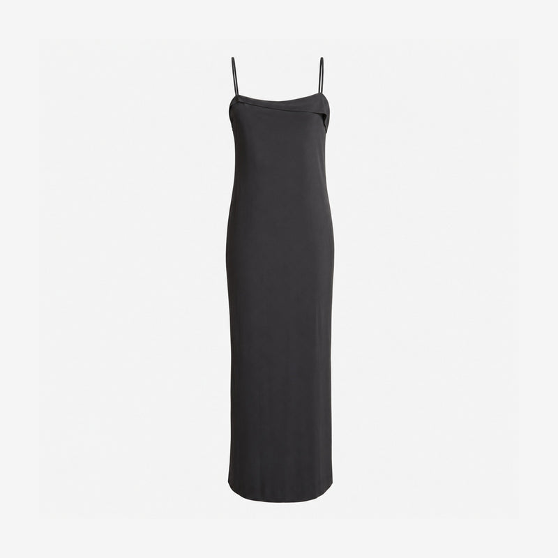 Black slip gown by Gianni Versace Versus with draped neckline and asymmetrical fold detail