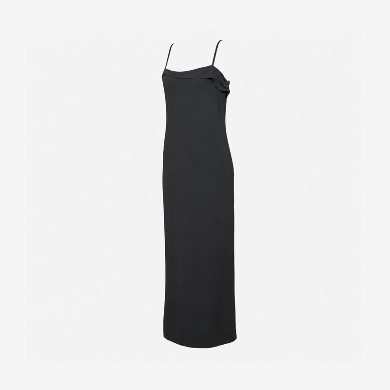 Black Gianni Versace Versus gown, back view with adjustable shoulder straps