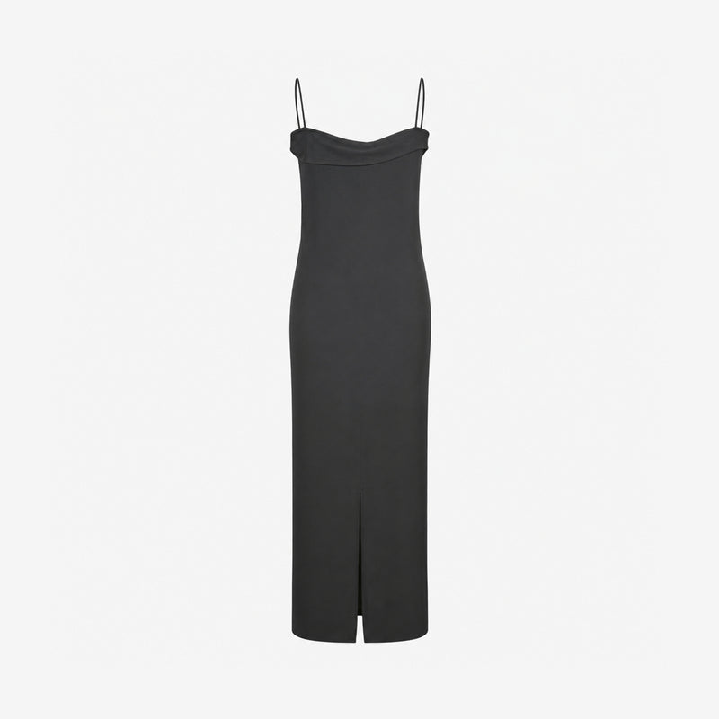 Black slip gown by Gianni Versace Versus showing front slit at hem and fluid jersey fabric