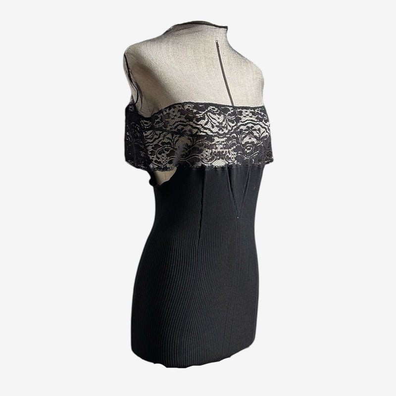 Black ribbed knit midi dress by Jean Paul Gaultier, full-length front view