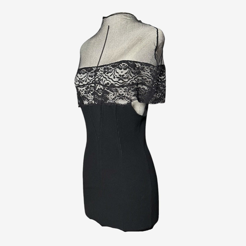 Black ribbed knit midi dress by Jean Paul Gaultier, back zipper closure detail