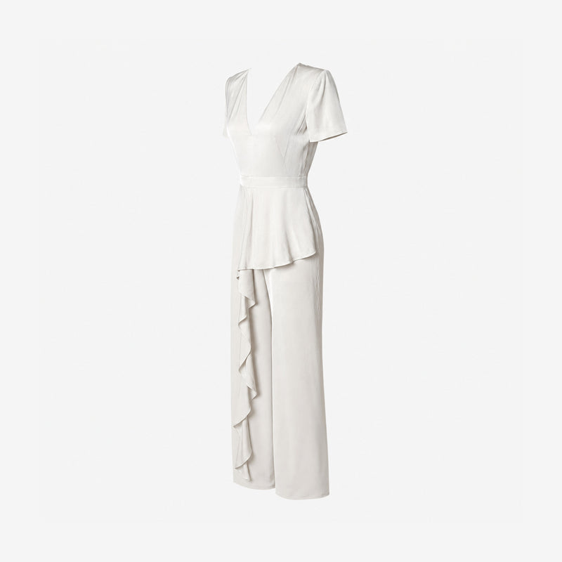 White silk wrap gown by Alexander McQueen, detail of self-tie belt and ruffle seam