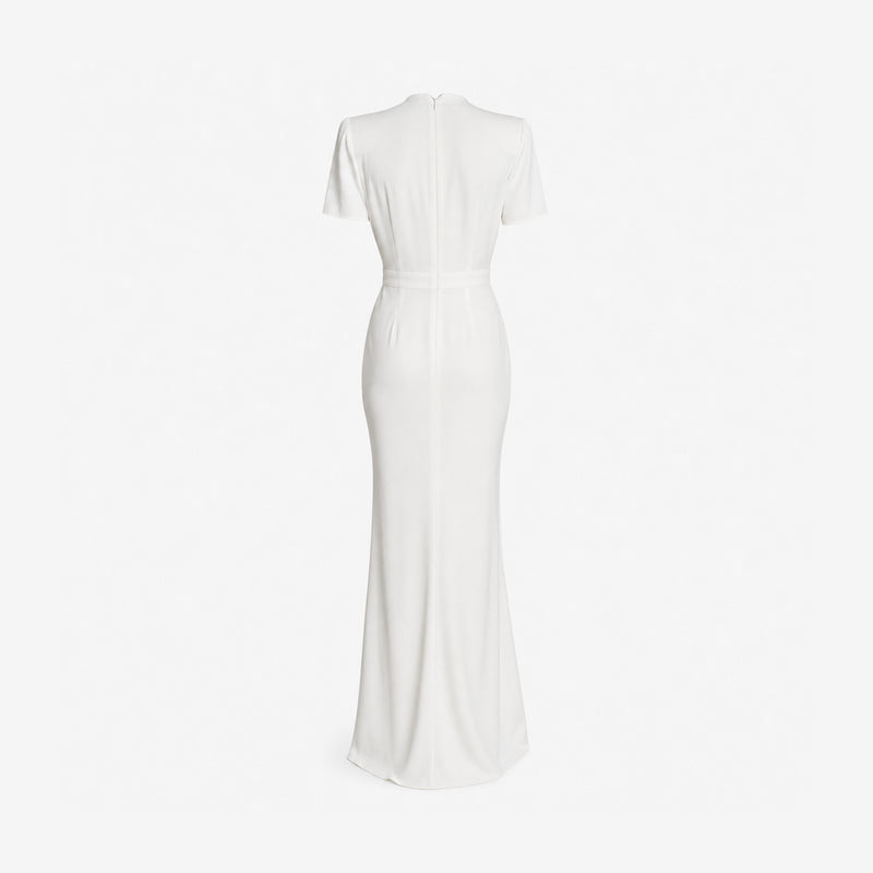 White silk wrap gown by Alexander McQueen, back view with zip closure