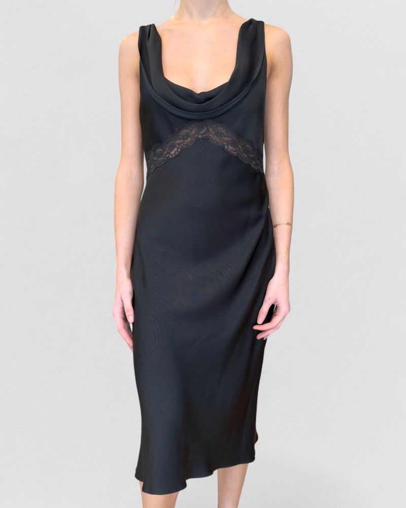 Black bias-cut dress by Christian Dior John Galliano, cowl neckline with lace insert