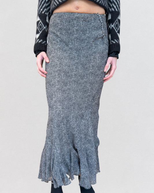 John Galliano Spring 2001 Silk Hounstooth Print Maxi Skirt