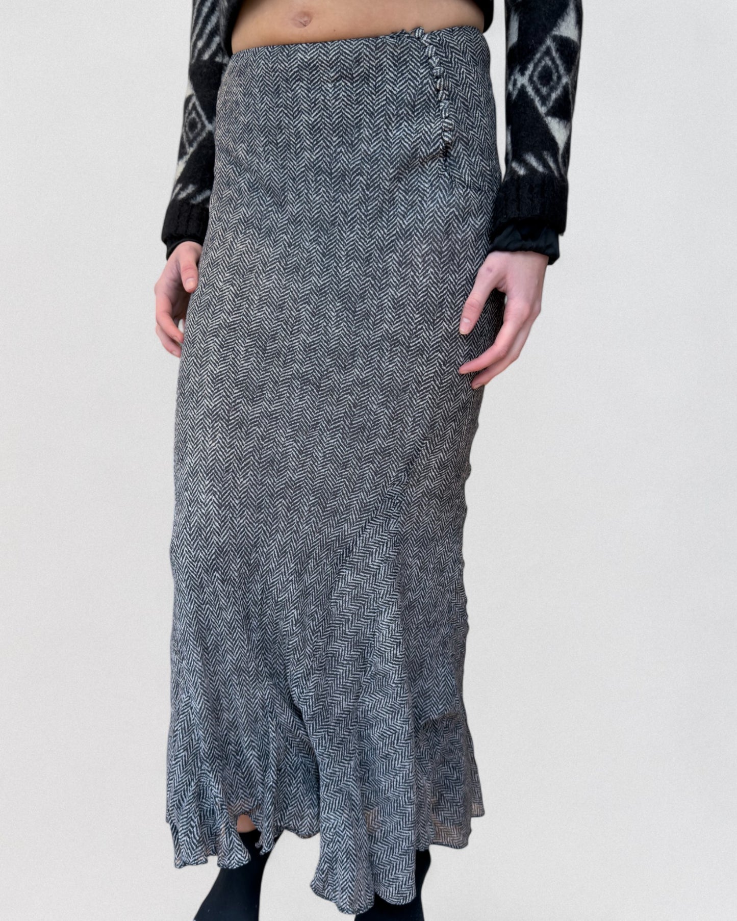 John Galliano Spring 2001 Silk Hounstooth Print Maxi Skirt