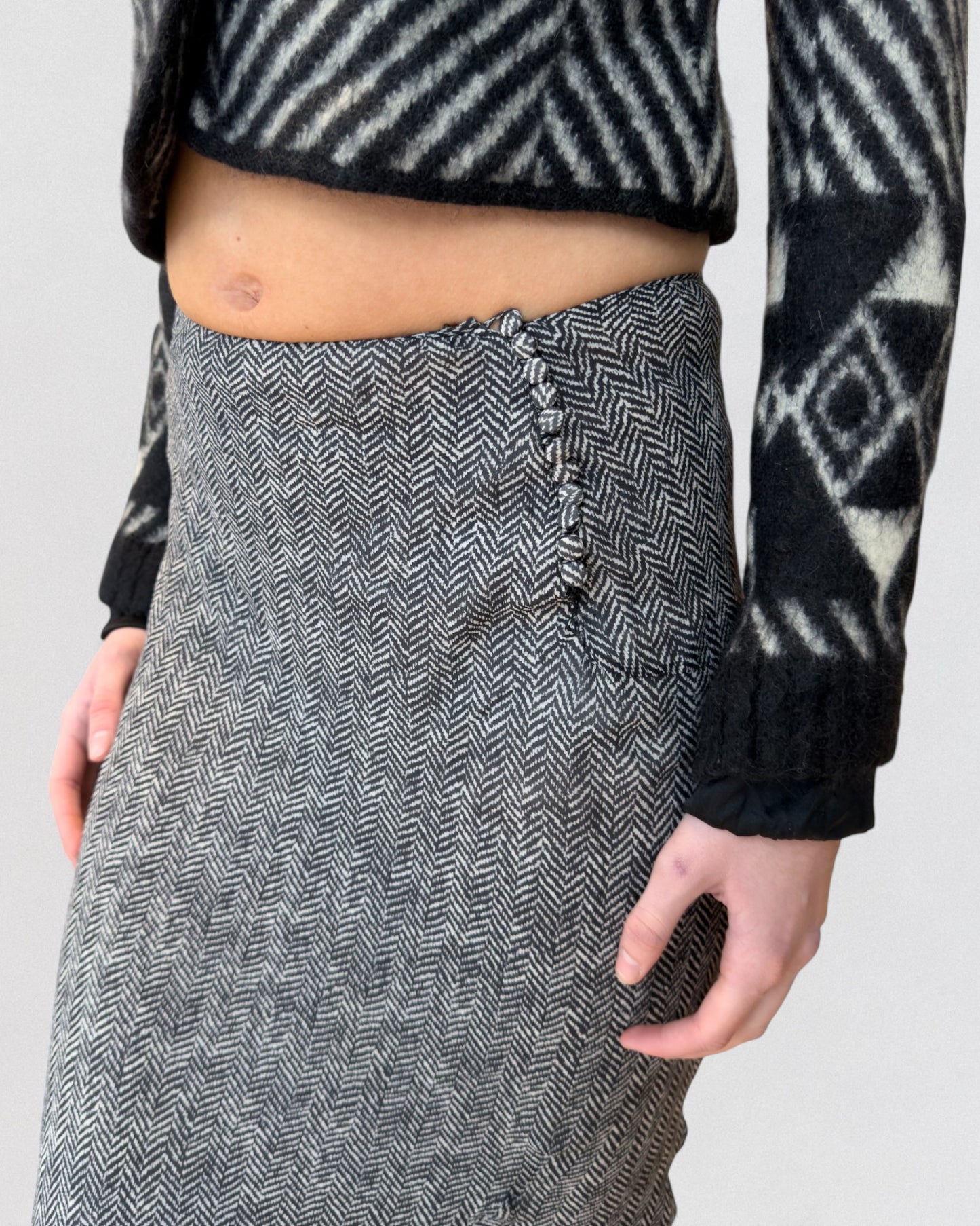 John Galliano Spring 2001 Silk Hounstooth Print Maxi Skirt