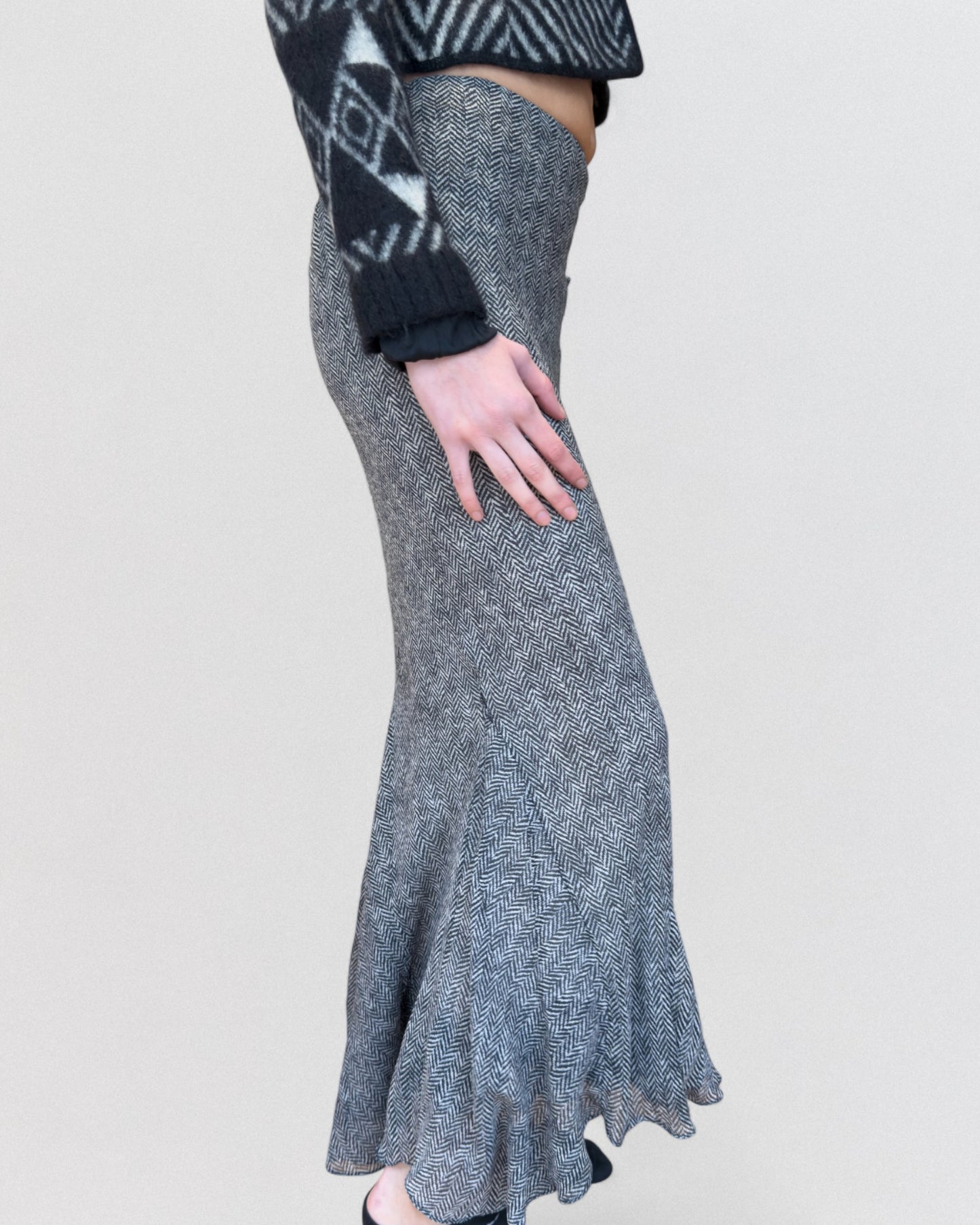 John Galliano Spring 2001 Silk Hounstooth Print Maxi Skirt