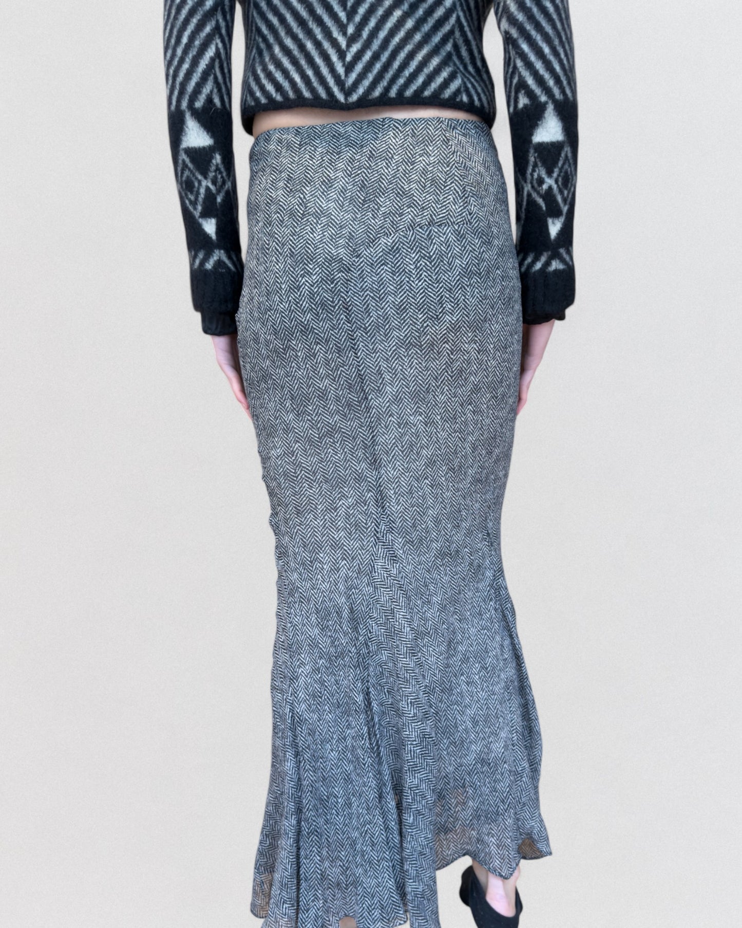 John Galliano Spring 2001 Silk Hounstooth Print Maxi Skirt