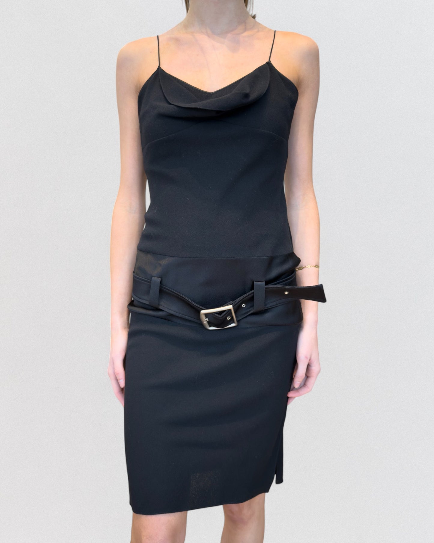 John Galliano Fall 2002 Black Crepe Silk Belted Slip Dress