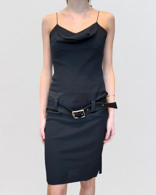 John Galliano Fall 2002 Black Crepe Silk Belted Slip Dress