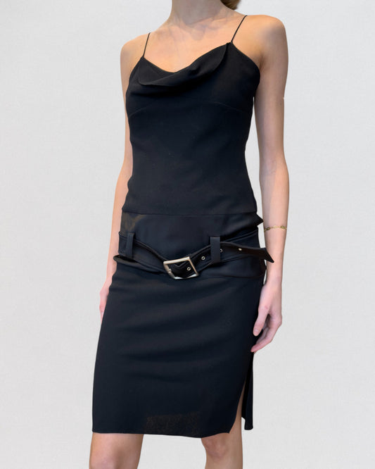 John Galliano Fall 2002 Black Crepe Silk Belted Slip Dress