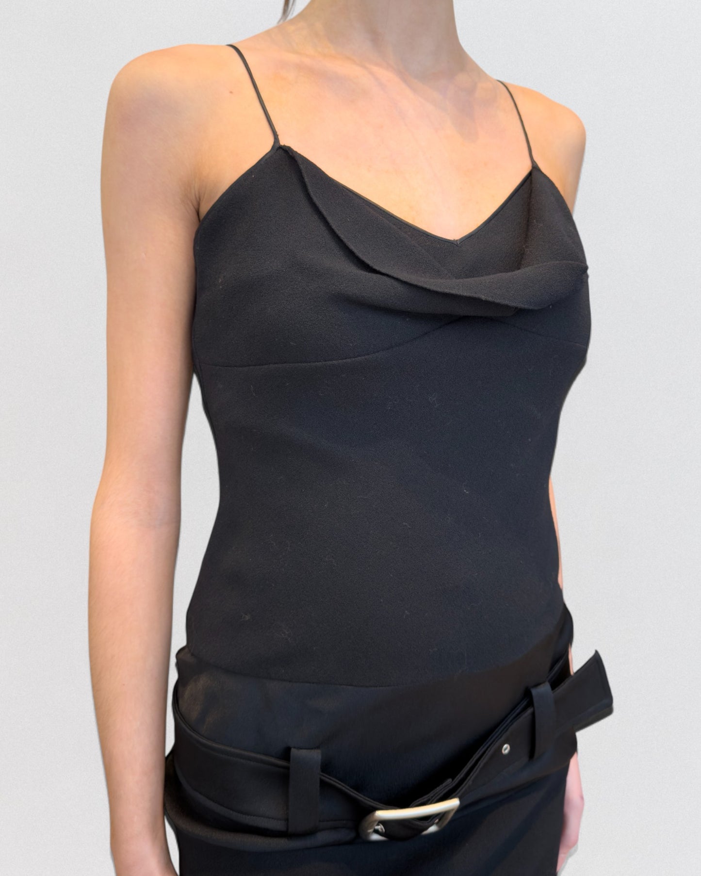 John Galliano Fall 2002 Black Crepe Silk Belted Slip Dress