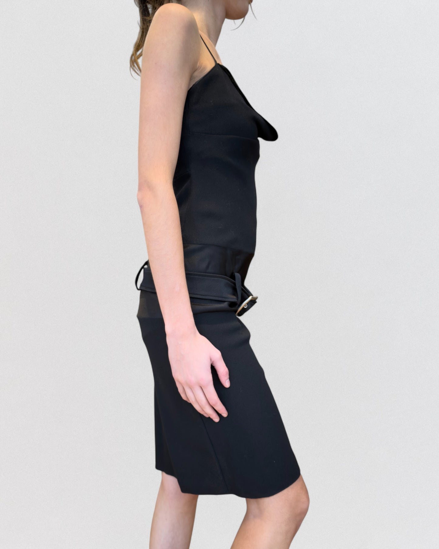 John Galliano Fall 2002 Black Crepe Silk Belted Slip Dress