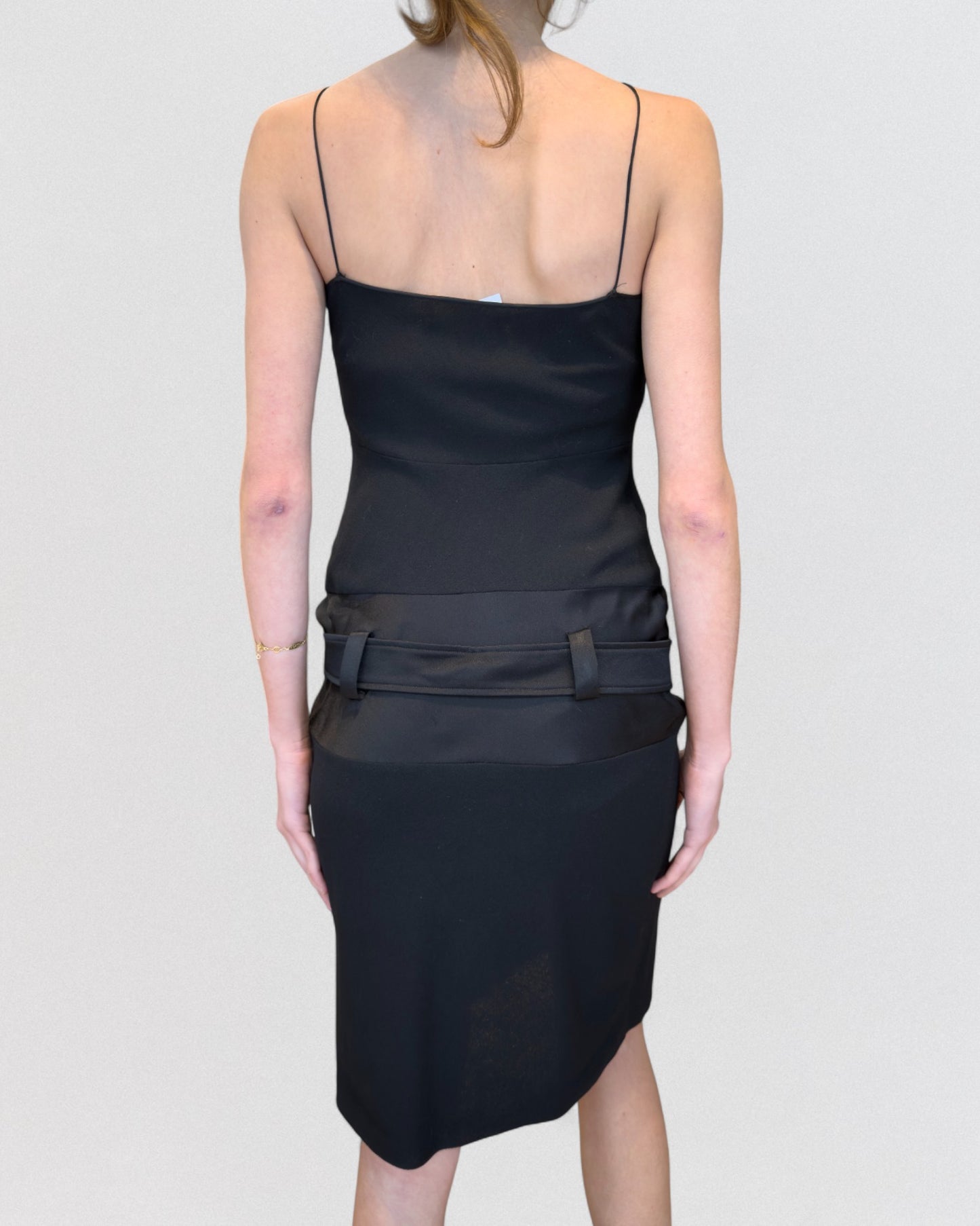 John Galliano Fall 2002 Black Crepe Silk Belted Slip Dress